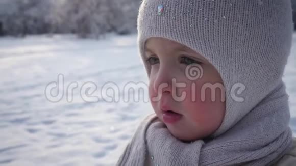 一个小女孩站在冬季公园的肖像视频的预览图