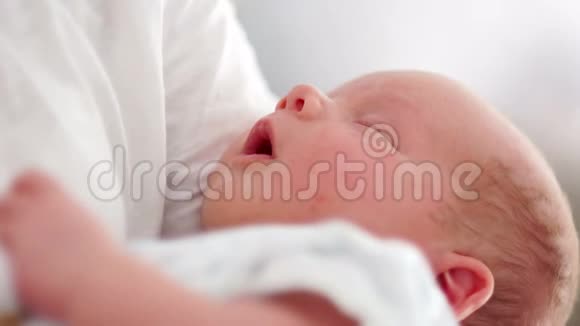 新生婴儿的大画像一个两周大的婴儿睡在他母亲的怀里母亲节家庭概念视频的预览图