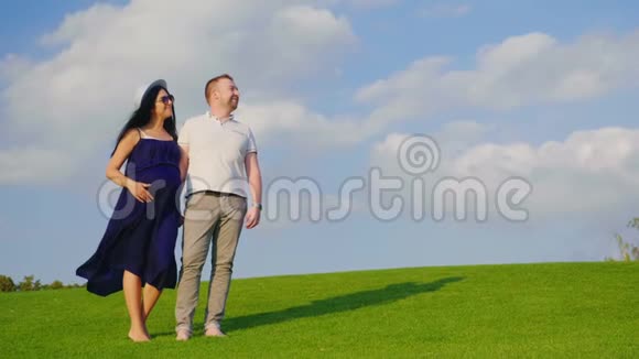 年轻夫妇期待着有个孩子丈夫和他怀孕的妻子站在草地上展望未来视频的预览图