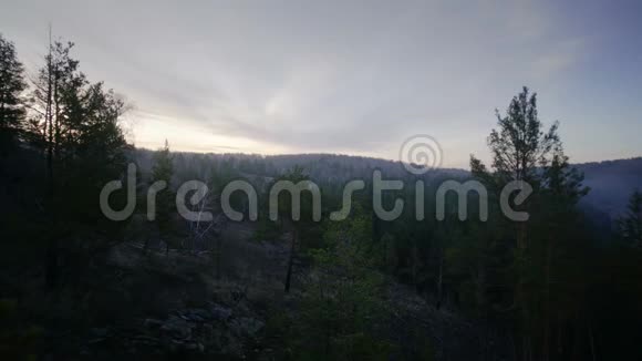 日出时分雾从高处飘过河附近针叶林中的高山视频的预览图