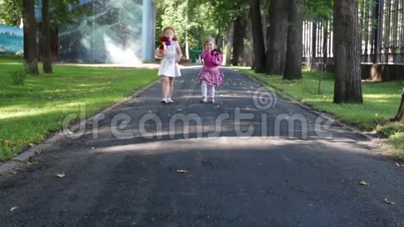 两个快乐的小女孩在公园里和风车散步视频的预览图