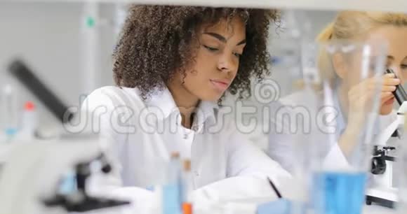 美国黑人同事在实验室做实验记录时女性科学家用显微镜工作视频的预览图