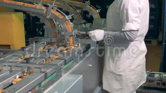 工厂工人正在用工业机器指导饼干的制造过程视频的预览图