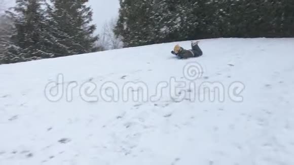 冬天雪中乘雪橇的男孩视频的预览图
