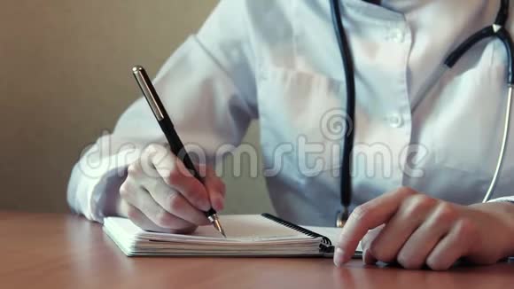 女医生在木碟的笔记本上写字视频的预览图