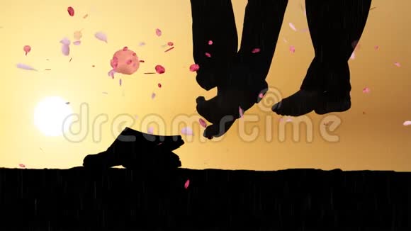 浪漫的夫妇坐在夕阳下落着玫瑰花瓣和雨美丽的浪漫背景浪漫的夫妇运动海报视频的预览图