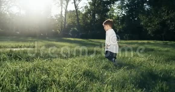 小男孩冒险热爱童年通过跑过一个田野探索这孩子充满了生命4k视频的预览图