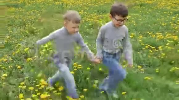 孩子们在春天乐趣孩子们带着僵硬的花蒲公英跑过绿色的田野视频的预览图
