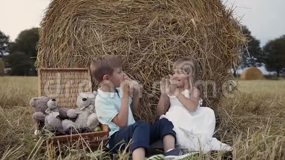 两个孩子在一块捆稻草的田野里玩耍一个男孩和一个女孩在田野里散步很有趣视频的预览图