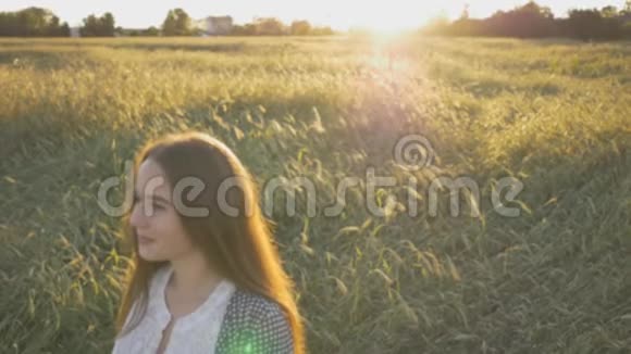 一个年轻漂亮的少女在柔和的夕阳下坠入麦田视频的预览图