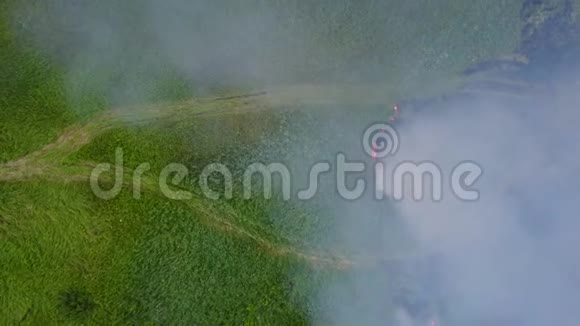 从燃烧的绿野烟雾中飞行自然景观中的野火无人机的空中镜头视频的预览图