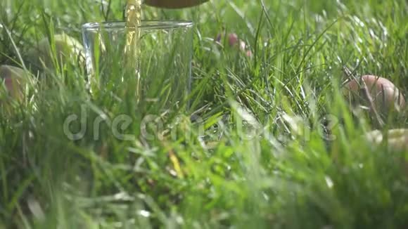 在草地上的玻璃杯中缓慢的运动将汁液倒入视频的预览图