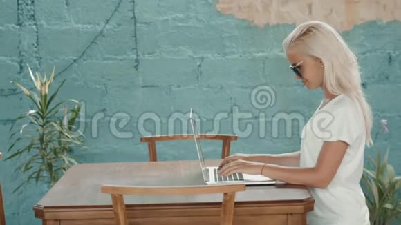 年轻成功的自由职业者女性喜欢在暑假期间在便携式电脑上工作金发美女视频的预览图