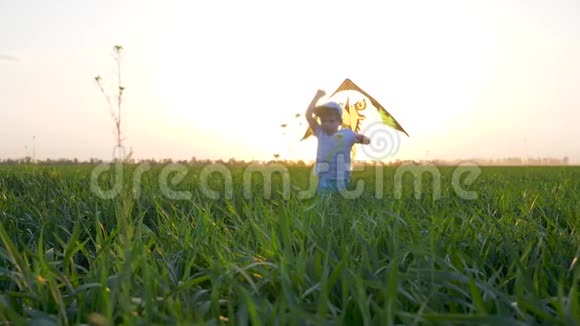 快乐的孩子男孩抱着风筝在绿色的草地上奔跑在背景的天空中视频的预览图
