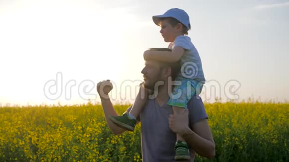 以小花和蓝天为背景的家庭假日带着男孩的男人在草地上玩耍视频的预览图