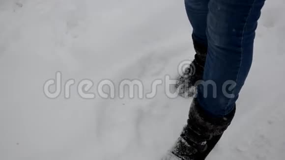特写黑色靴子在雪地里行走穿着粉红色羽绒服的女孩在白雪覆盖的森林乡间小屋小径上冬季视频的预览图