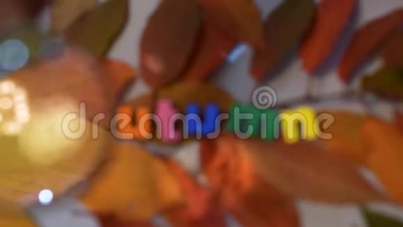 词秋的彩色字母通过放大镜在黄叶背景上视频的预览图