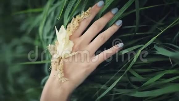 女人手抚摸草地温柔有蓝色指甲的女孩的手视频的预览图
