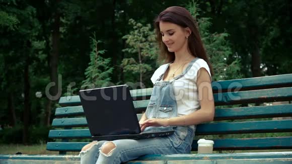 夏天坐在公园里的女士在笔记本上打印视频的预览图