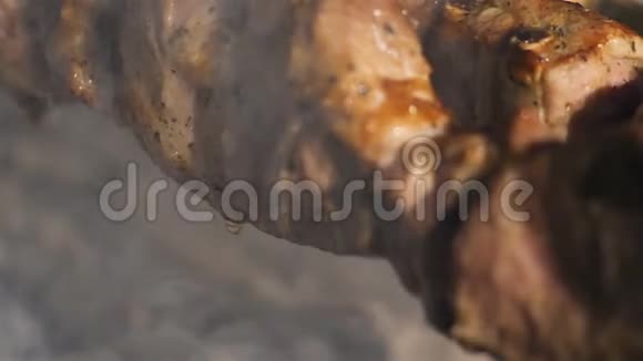 什什烤肉串多汁的肉特写打开串火焰大块的肉摄像机的移动从船上视频的预览图