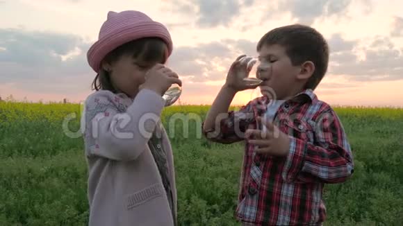 小可爱的孩子男孩和女孩喝水孩子们解渴孩子在日落时用手拿着玻璃干净的纯净水视频的预览图