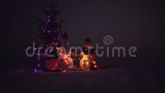 两个雪人一对可爱的夫妇雪人戴着围巾圣诞快乐视频的预览图