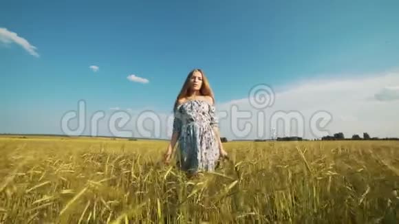 美丽的女孩在日落的天空上奔跑在黄色的麦田上自由概念户外快乐的女人收获小麦田视频的预览图