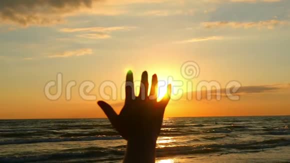 女孩手抚摸着阳光在大海日落的背景下快乐的女孩看着灿烂的太阳视频的预览图