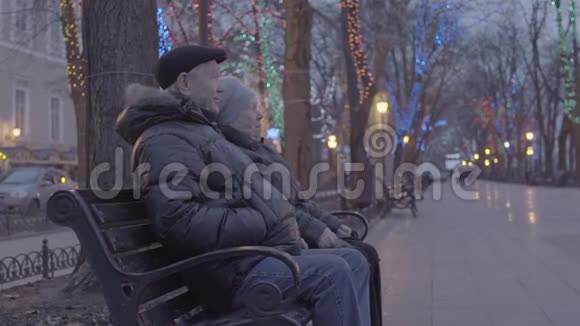 快乐兴奋的孙儿童跑过去爷爷奶奶坐在圣诞的长凳上节日的气氛傍晚的公园视频的预览图