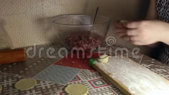 一只雌性正在用肉在面团里包饺子视频的预览图