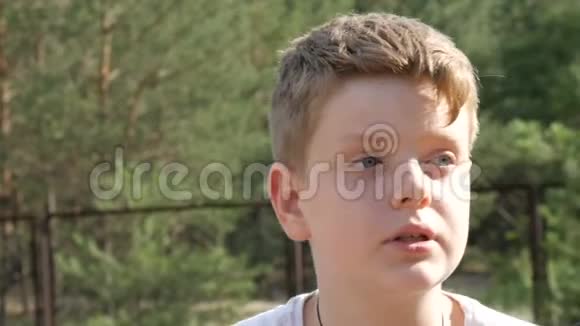 一个十几岁的男孩坐在一辆自行车旁边的森林夏季公园里看着摄像机视频的预览图