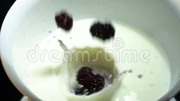蓝莓浆果如何在牛奶中缓慢下落的俯视图视频的预览图