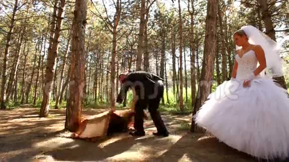 新婚夫妇在森林里散步视频的预览图