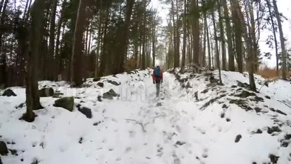 北欧漫步在深冬森林头上戴着相机视频的预览图