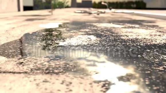 雨滴落在阳光模糊的水坑上的动画视频的预览图