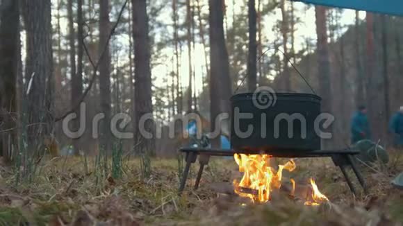 在森林的篝火上用黑铁锅烹饪食物视频的预览图