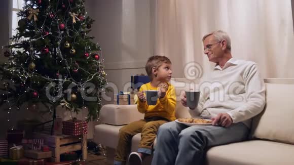 一个漂亮的老人和他的孙子一起喝茶视频的预览图