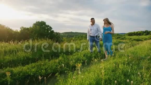Stedicam拍摄年轻夫妇丈夫和怀孕的妻子在日落时分穿过乡村视频的预览图