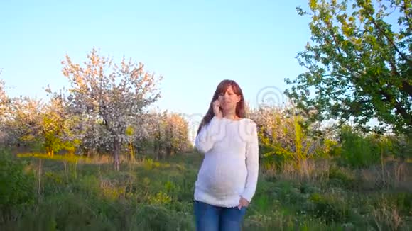 春暖花开的公园里一个怀孕的女孩在打电话一个带电话的女孩在春暖花开的花园里散步视频的预览图