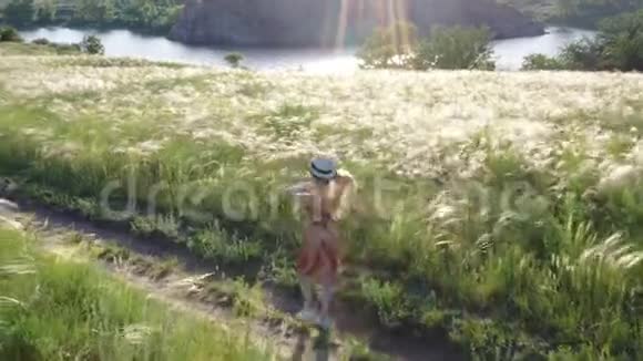 在夕阳下美丽的女孩在田野上穿着连衣裙和帽子视频的预览图