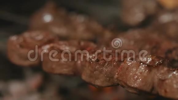 烤肉串专业用木炭烹制撒上香料视频的预览图