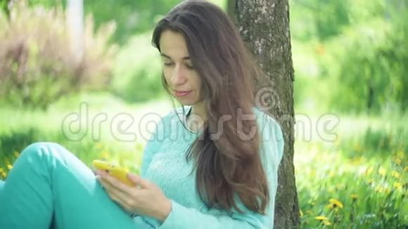 一个美丽的女人坐在树下夏天的公园里有一部智能手机视频的预览图