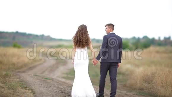 新郎新娘正沿着田野的小路走视频的预览图