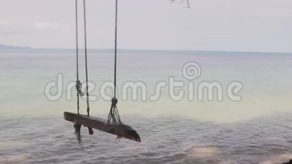 在平静的海浪背景下绑在沙滩上的一棵树上视频的预览图