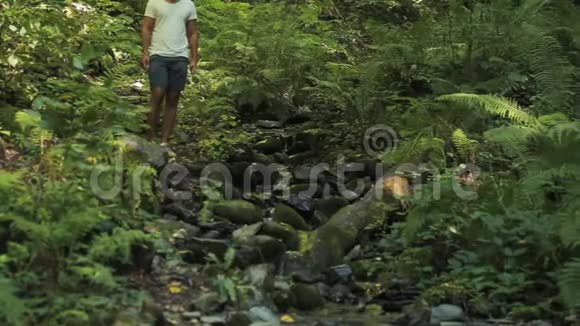 年轻人沿着美丽的溪流在朦胧的群山中漫步视频的预览图