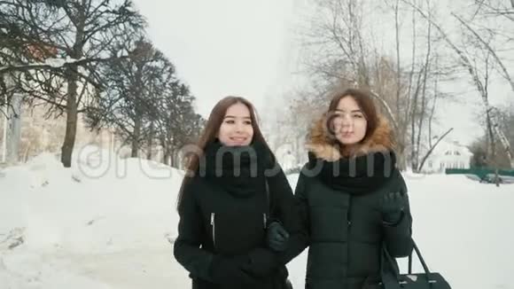 两个女人走过冬日的小巷背景是雪树视频的预览图