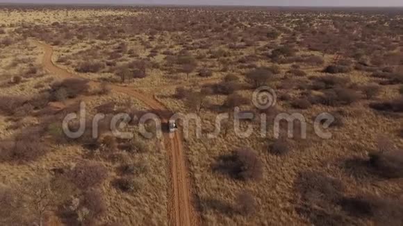 一辆敞篷后备箱的吉普车穿越纳米比亚的大草原视频的预览图