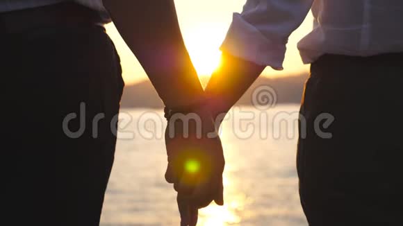 日落时分在海的背景下雌雄双手相握的剪影一对年轻夫妇视频的预览图