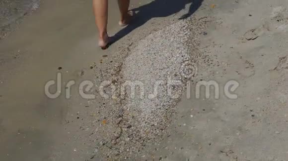 在阳光明媚的夏日女人在海滩上散步的后镜头视频的预览图