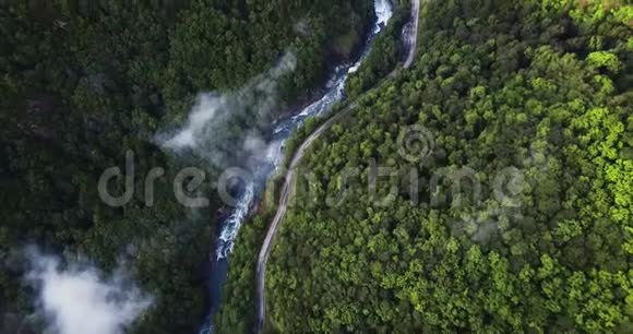 飞越山峡沿着河边的路在树林里视频的预览图